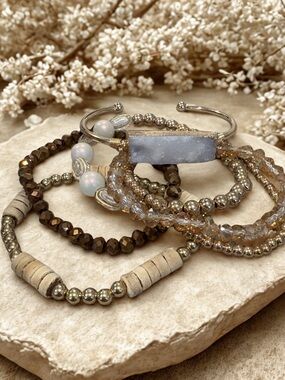 Boho Druzy Bracelet Stack Natural Stone Gold Beaded Layered Set